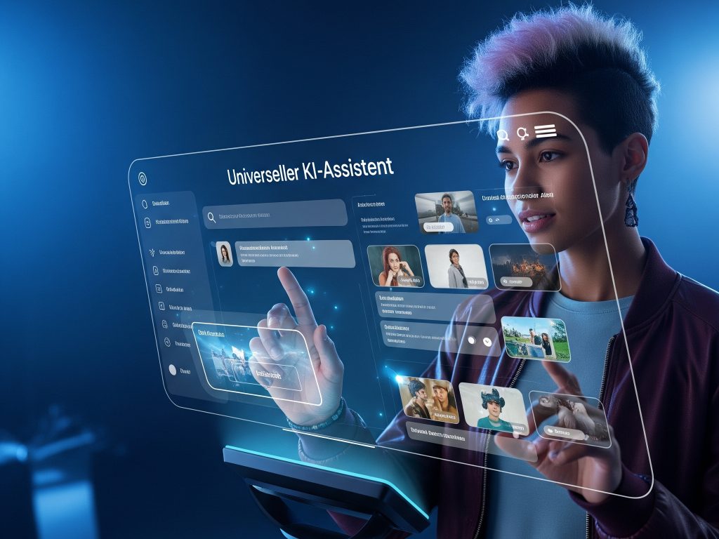 Eine Frau steht vor einem transparenten Bildschirm, der einen universellen KI-Assistenten symbolisiert. Es soll ein Symbolbild für die Möglichkeiten von Google Gemini sein.