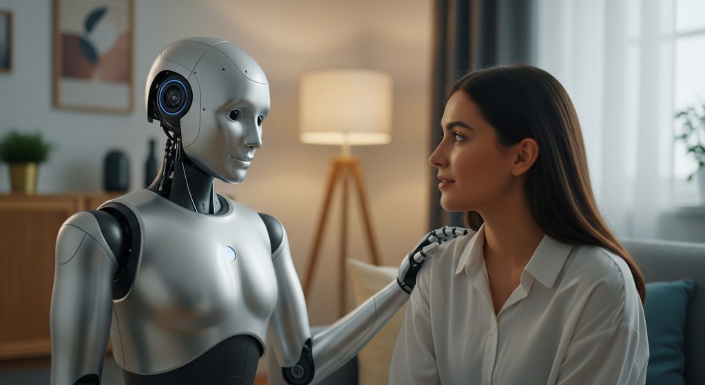 Ein eleganter, moderner humanoider Roboter mit einem metallisch silbernen K&ouml;rper und ausdrucksstarken, dunklen Augen interagiert sanft mit einer jungen Frau in einem komfortabel eingerichteten, sanft beleuchteten Raum und vermittelt ein Gef&uuml;hl von pers&ouml;nlicher Verbindung und Kameradschaft.