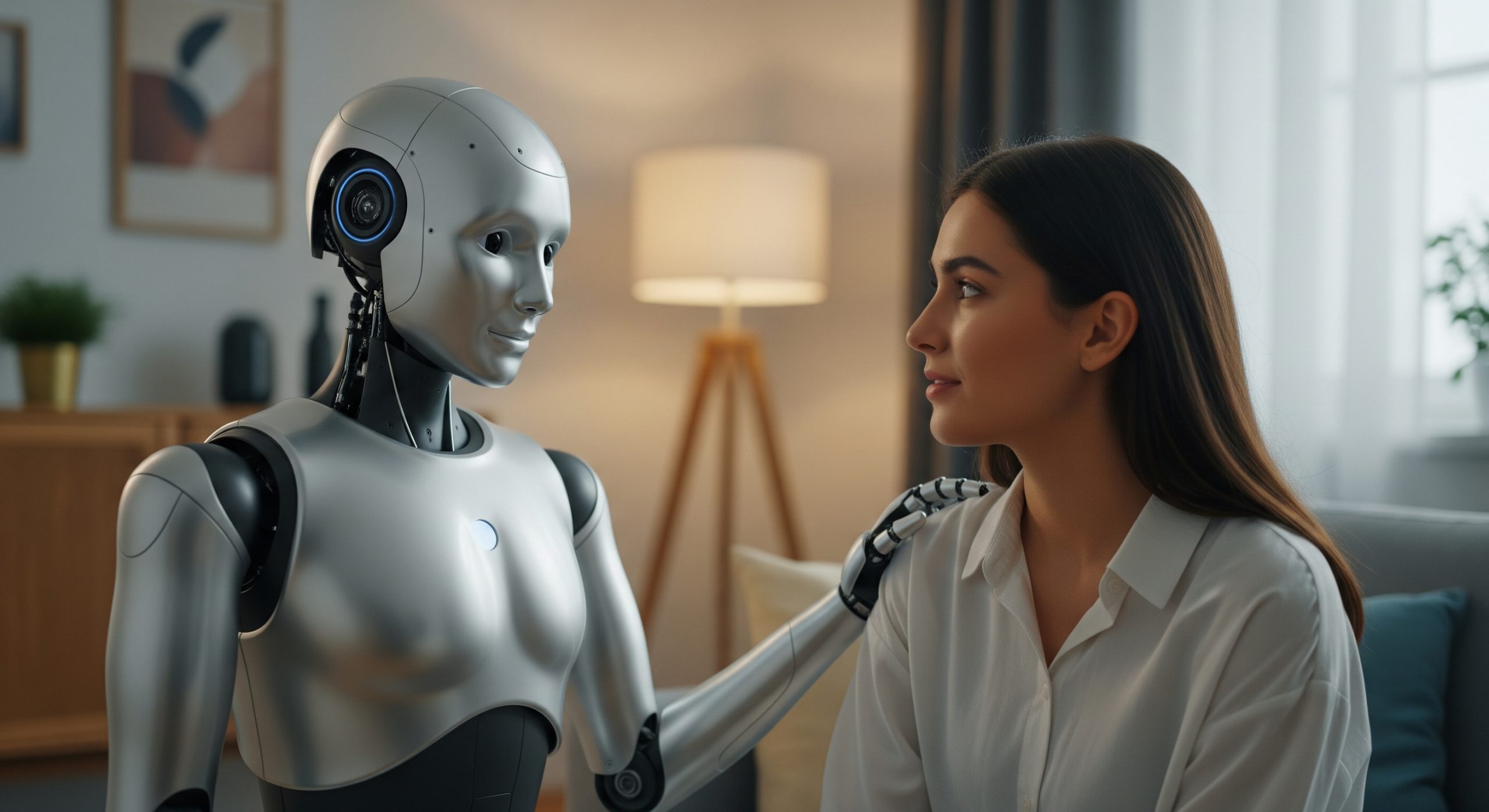 Ein eleganter, moderner humanoider Roboter mit einem metallisch silbernen K&ouml;rper und ausdrucksstarken, dunklen Augen interagiert sanft mit einer jungen Frau in einem komfortabel eingerichteten, sanft beleuchteten Raum und vermittelt ein Gef&uuml;hl von pers&ouml;nlicher Verbindung und Kameradschaft.