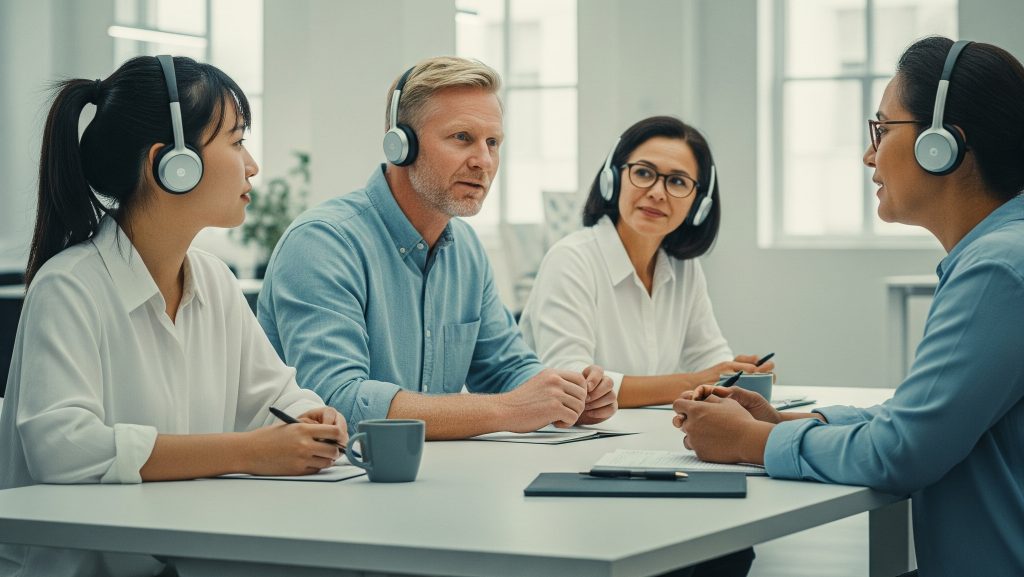 Mehrere Menschen sitzen sich an einem Tisch gegen&uuml;ber und haben Kopfh&ouml;rer auf. K&uuml;nstliche Intelligenz erm&ouml;glicht Echtzeit&uuml;bersetzungen.