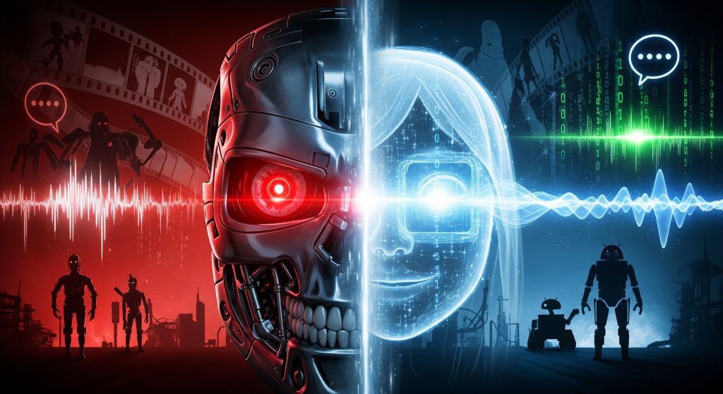 Dynamische Collage: Ambivalenz der KI in der Popkultur &ndash; ein bedrohlich rot gl&uuml;hendes Auge trifft auf ein freundlich blau leuchtendes, abstraktes KI-Wesen, umgeben von Filmb&auml;ndern, Codeschnipseln und Robotersilhouetten. Das Bild vereint dystopische und utopische Elemente.