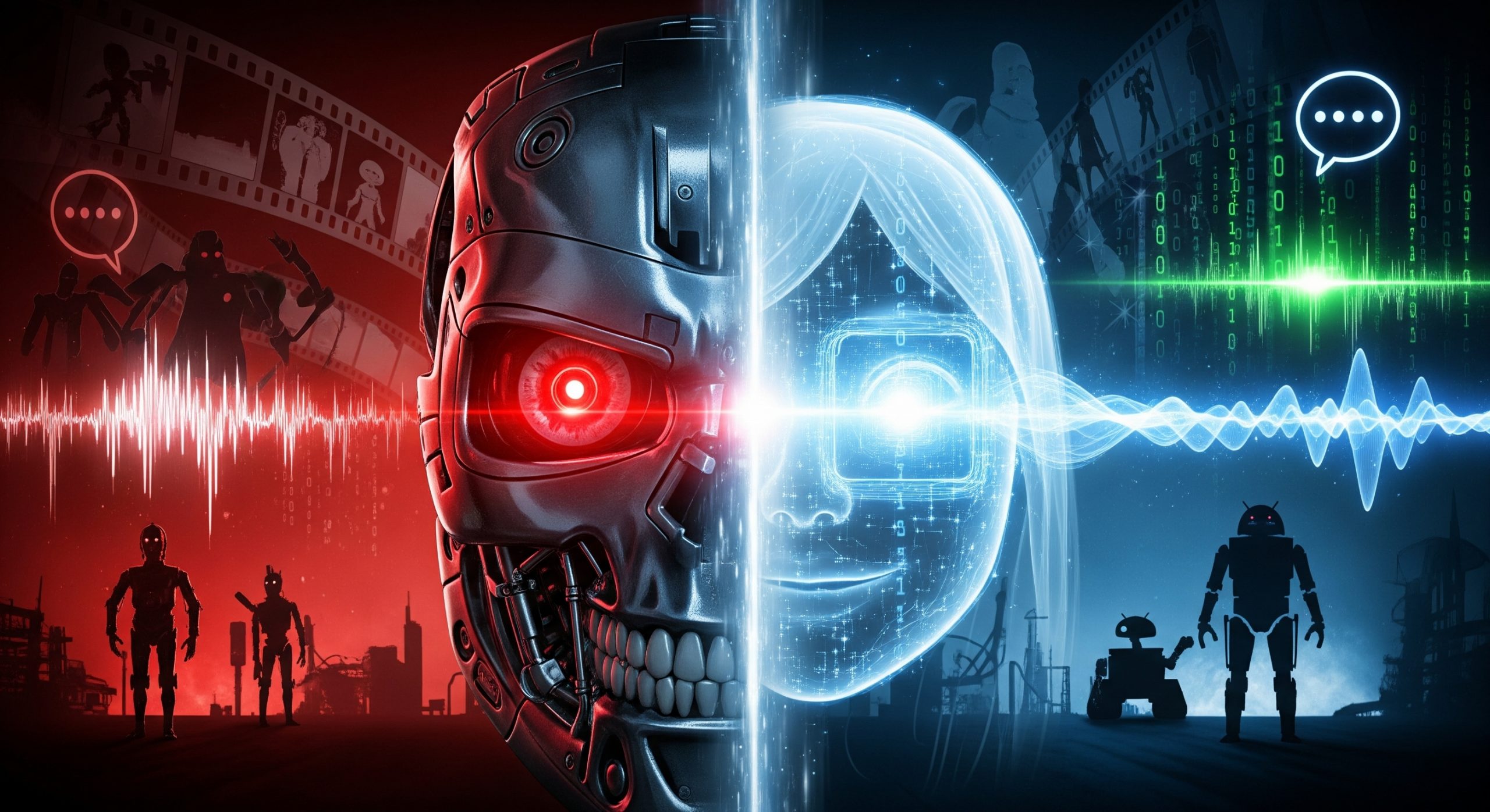 Dynamische Collage: Ambivalenz der KI in der Popkultur &ndash; ein bedrohlich rot gl&uuml;hendes Auge trifft auf ein freundlich blau leuchtendes, abstraktes KI-Wesen, umgeben von Filmb&auml;ndern, Codeschnipseln und Robotersilhouetten. Das Bild vereint dystopische und utopische Elemente.