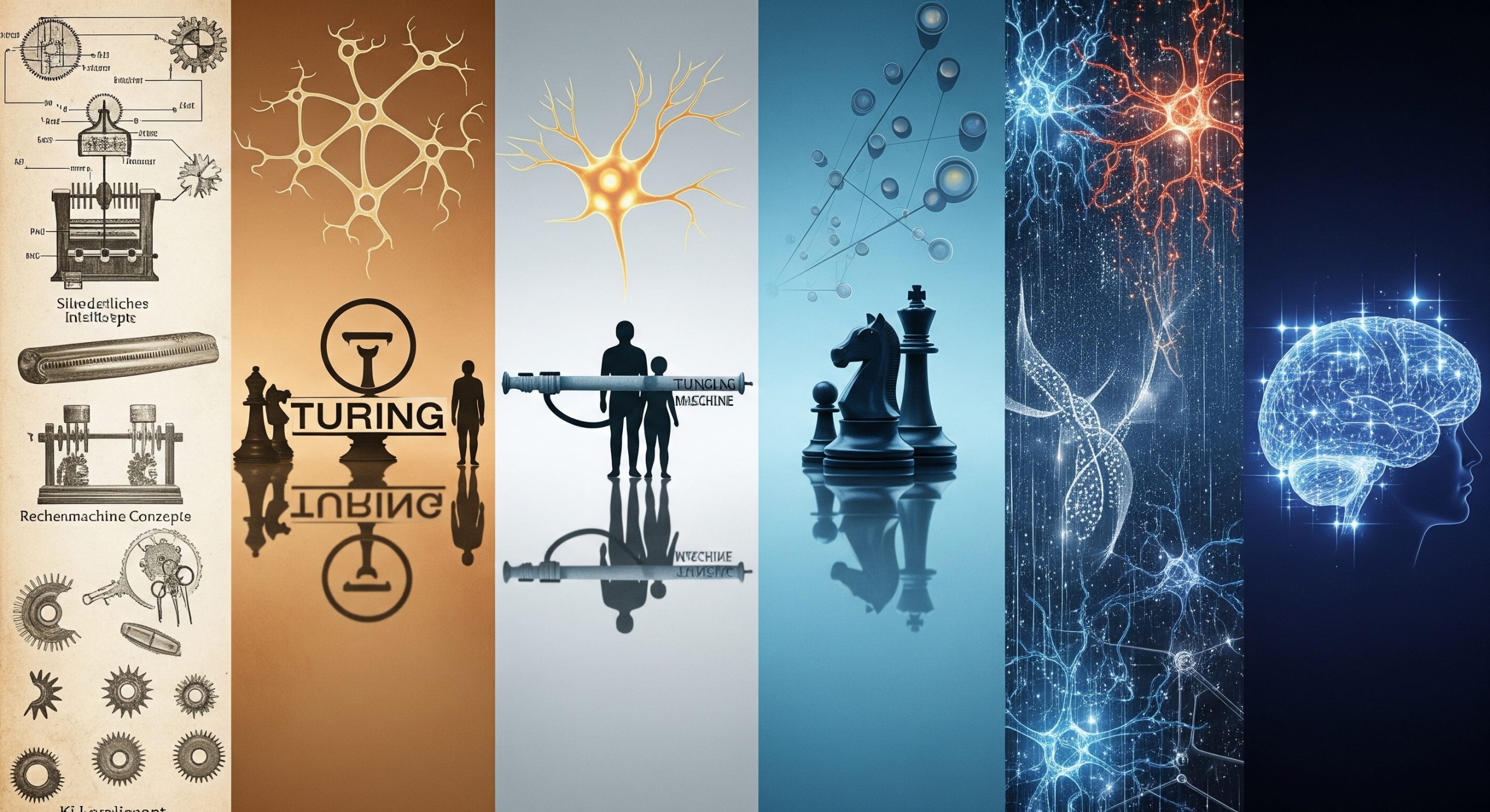 Diese k&uuml;nstlerische Darstellung zeigt die Entwicklung der K&uuml;nstlichen Intelligenz von den Urspr&uuml;ngen bis zur Moderne. Links sind die Geburtsstunden der KI in einem warmen Sepia-Ton dargestellt, mit angedeuteten Zahnr&auml;dern und der Silhouette einer fr&uuml;hen Rechenmaschine. In der Mitte wird die mittlere &Auml;ra der KI durch symbolische Elemente wie ein stilisiertes neuronales Netz und eine Darstellung des Turing-Tests sowie des Schachs illustriert, das an Deep Blue erinnert. Die rechte Seite repr&auml;sentiert die Gegenwart und Zukunft der KI mit dynamischen, leuchtenden neuronalen Netzen, abstrakten Datenfl&uuml;ssen und einem digitalen Gehirn in k&uuml;hlen Farben, das eine futuristische Vision vermittelt. Der Hintergrund passt sich flie&szlig;end den Epochen an, w&auml;hrend der surrealistische und konzeptionelle Stil die Komplexit&auml;t und den Fortschritt des k&uuml;nstlichen Denkens hervorhebt.