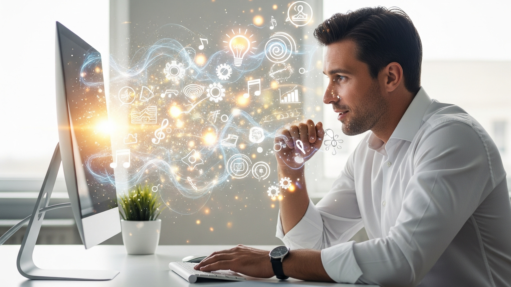 "Ein Mann sitzt an einem Schreibtisch vor einem Computer und testet KI Modelle. Aus dem ein leuchtender Strom von Symbolen f&uuml;r Ideen, Inspiration und Innovation &ndash; wie Gl&uuml;hbirnen, Zahnr&auml;der und abstrakte Formen &ndash; flie&szlig;t und ihn umgibt. Die Szene wirkt modern und inspirierend."